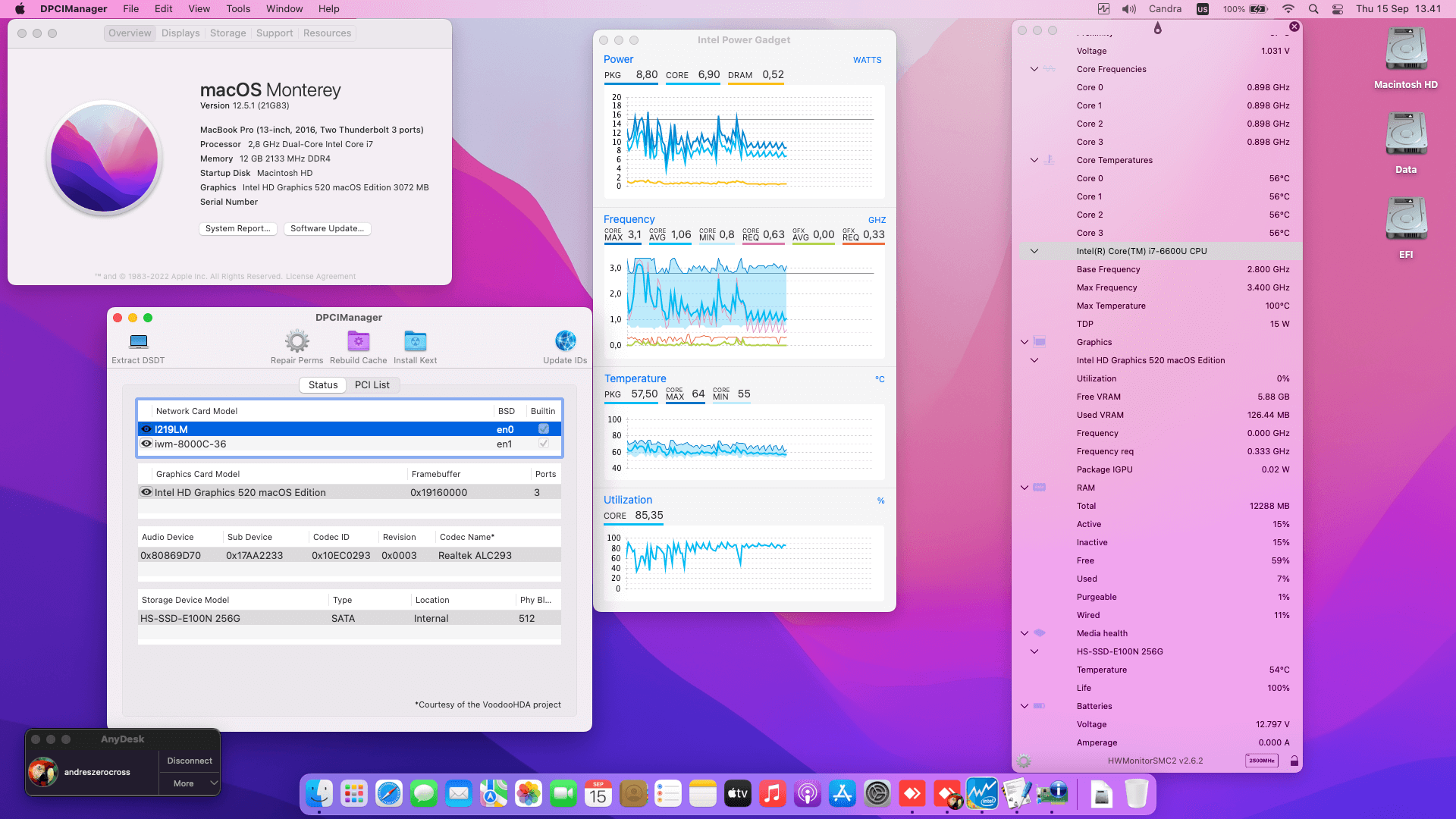 Success Hackintosh macOS Monterey 12.5.1 Build 21G83 in Lenovo Thinkpad T460S